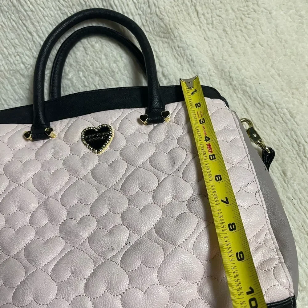 Betsey Johnson Heart Quilted Pink , Black & gray strims & strap Satchel